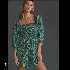 Smocked Square-Neck Gingham romper in Green